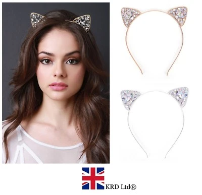 KRD LTD Girls Metal RHINESTONE Cat Ear Headband Hair Band Halloween Fancy Costume Party