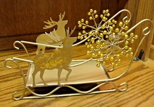 Santas Sleigh Gold-Tone Metal Reindeer Large Centerpiece Christmas Decor     210
