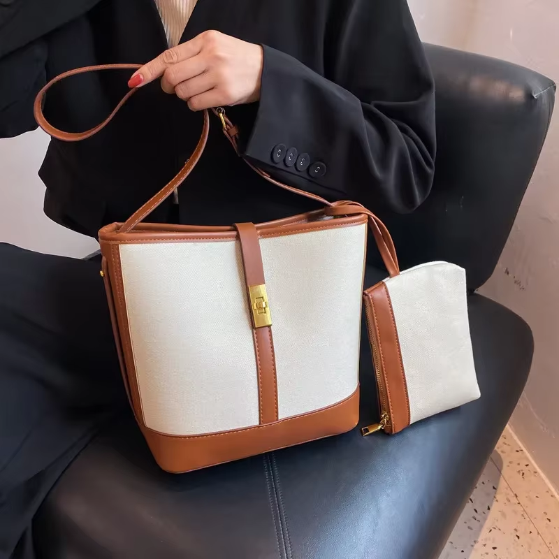 Trendy Contrast Canvas Tote - Spacious Crossbody Bag for Women  