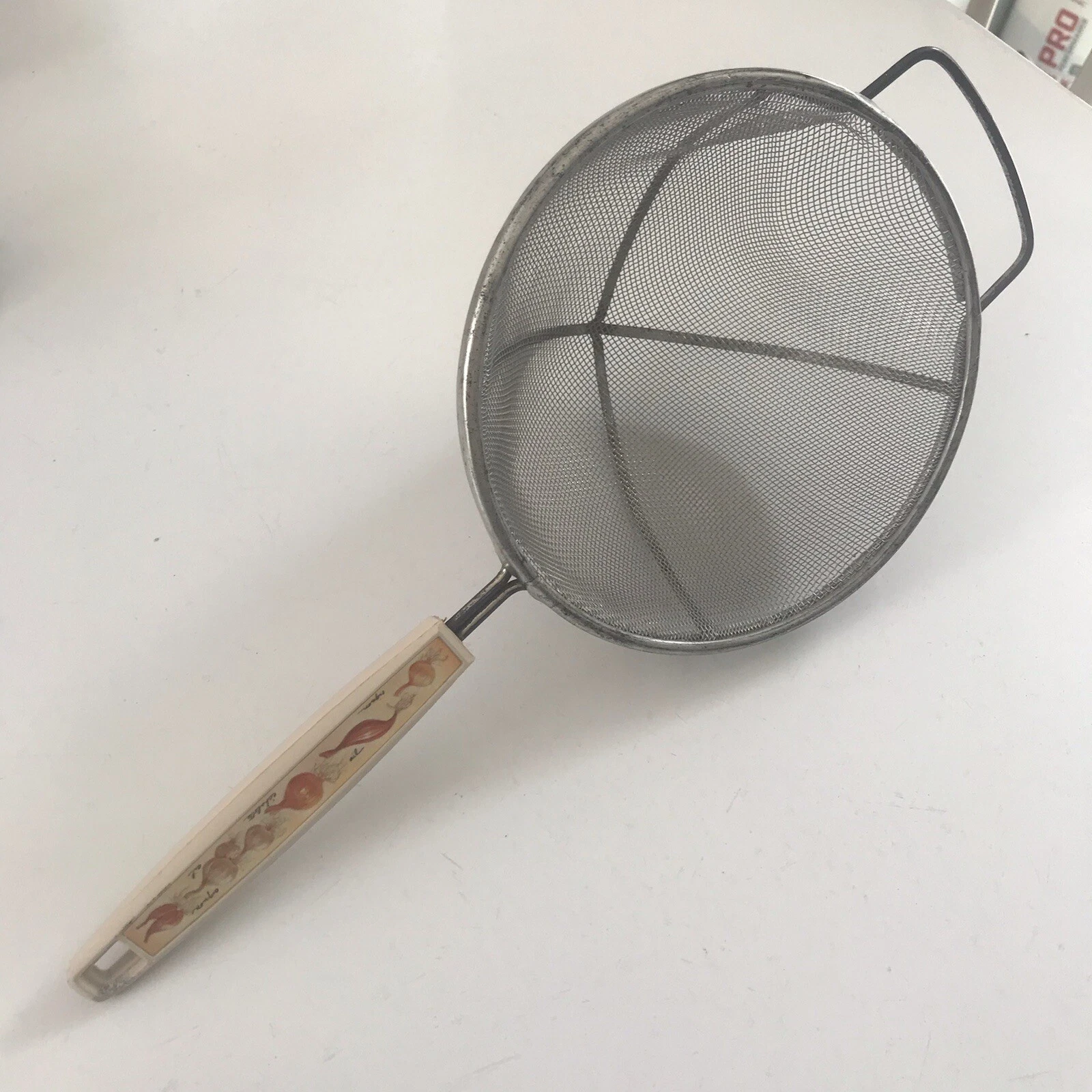 Vintage Hand Held Wire Mesh Kitchen Strainer Colander Onion Pattern