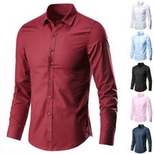 Men's Plain Color Shirt Long Sleeved Business Formal Casual Button Up Shirt Top