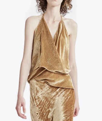 $650 PETAR PETROV Toma Striped Velvet Hallterneck Tank Top FR 46 US 14 Honey
