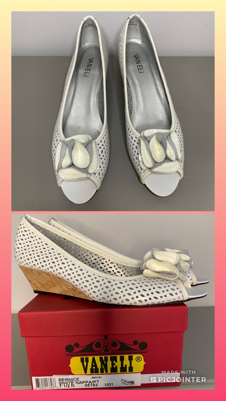 Vintage VANELi Women's Wedge Bernice White Nappa 7.5 N, 2 inch shoe, w