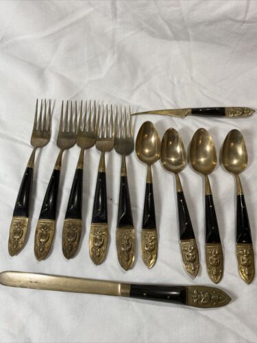 Siam SBF Buddha Flatware Set - 5 Forks,4spoons, 2 Kn - Bronze Black Wood Handle - Picture 1 of 10