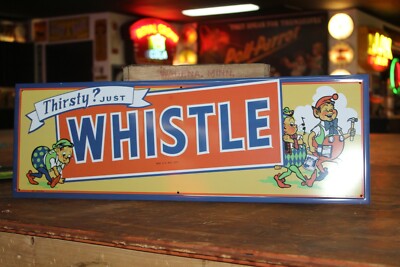 THIRSTY? JUST WHISTLE SODA POP EMBOSSED METAL SIGN ELFS CRUSH  COKE GAS OIL FARM