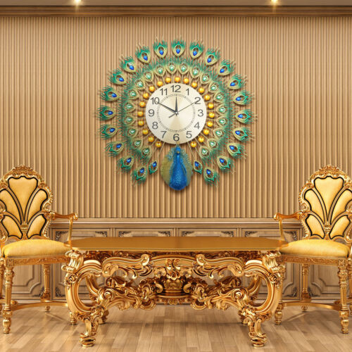 Horloge murale en métal paon design horloge en métal salon salle à manger horloge murale décor horloge murale - Photo 1/7