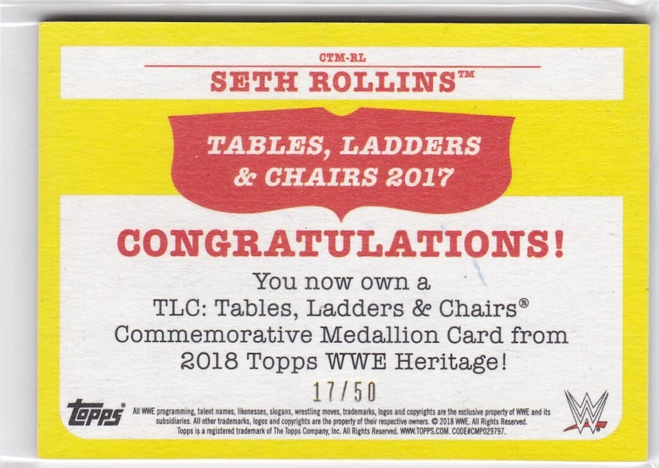 2018 TOPPS WWE HERITAGE SETH ROLLINS CTM-RL TABLES LADDERS & CHAIRS BLUE #17/50 - Image 2 of 2