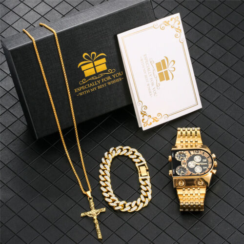 Men Luxury Watch Gold Steel Band Necklace Bracelet Set Super Big Dial WristWatch - Zdjęcie 1 z 15