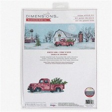 Frosty Fields Cross Stitch Kit - Winter Farm Scene, 18" x 6", 14 Count Blue Aida