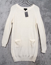 Lumiere Womens Small Off White Round Neck Solid Knit Sweater Midi Dress Pockets