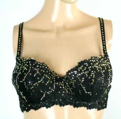 Claudio Milano Women's Black Bra Top With Rhinestone Size 36B