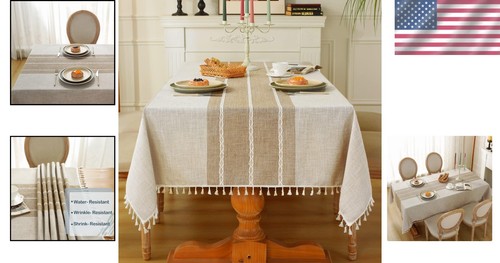 Luxury Waterproof Cotton Linen Tablecloth with Elegant Tassel Edge - 120''x55'' - Picture 2 of 10