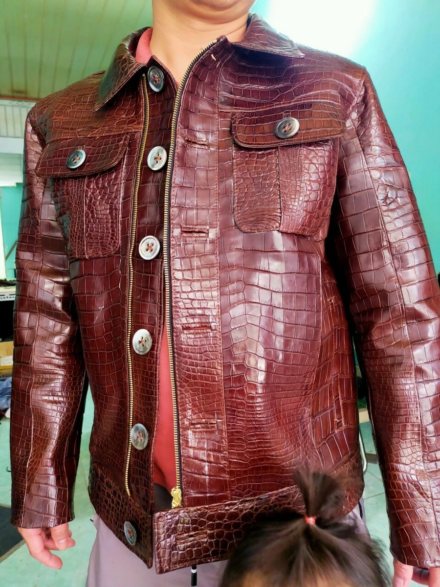 Korean fashion - mens red leather crocodile skin moto jacket.