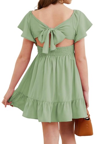 Girls Tie Back Dress Casual Ruffle Short Sleeve Flowy Dresses Green 10-11 Yea...