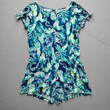 Lilly Pulitzer Girls XL 12-14 Romper Tidal Wave Blue Green Lemur