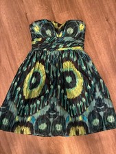 Eliza J. Strapless Dress: Women's Blue/Green Peacock Print - Size 8- Excellent!