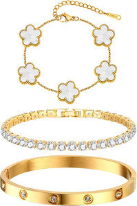 Authentic Womens Stackable Floral Gold Bracelets - 3Pcs 18K Gold Plated Bracelet,