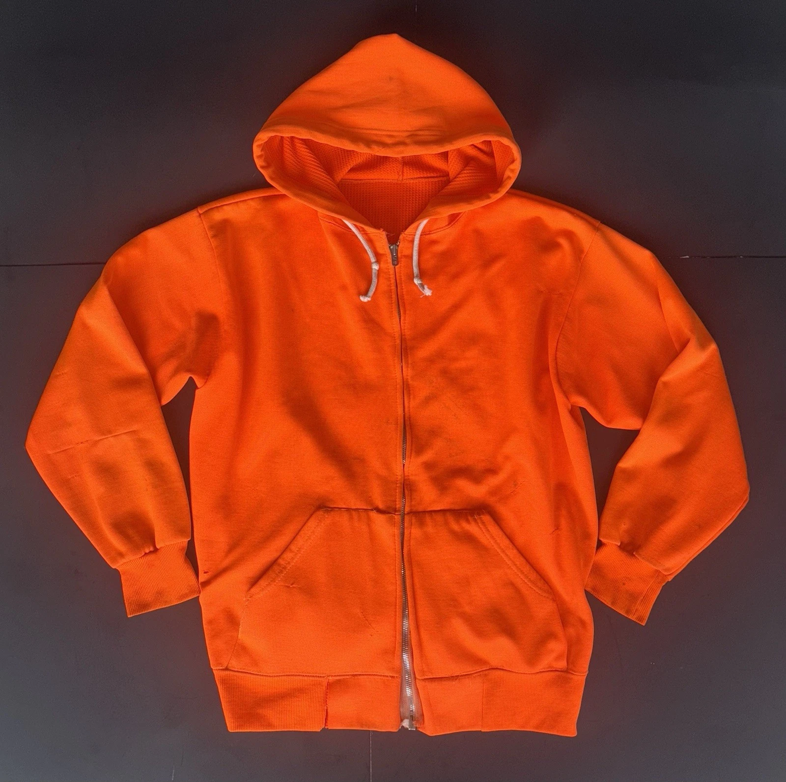 Vintage 70s 80s Full Zip Hoodie Thermal Lined Medium Blaze Orange Ideal Zipper