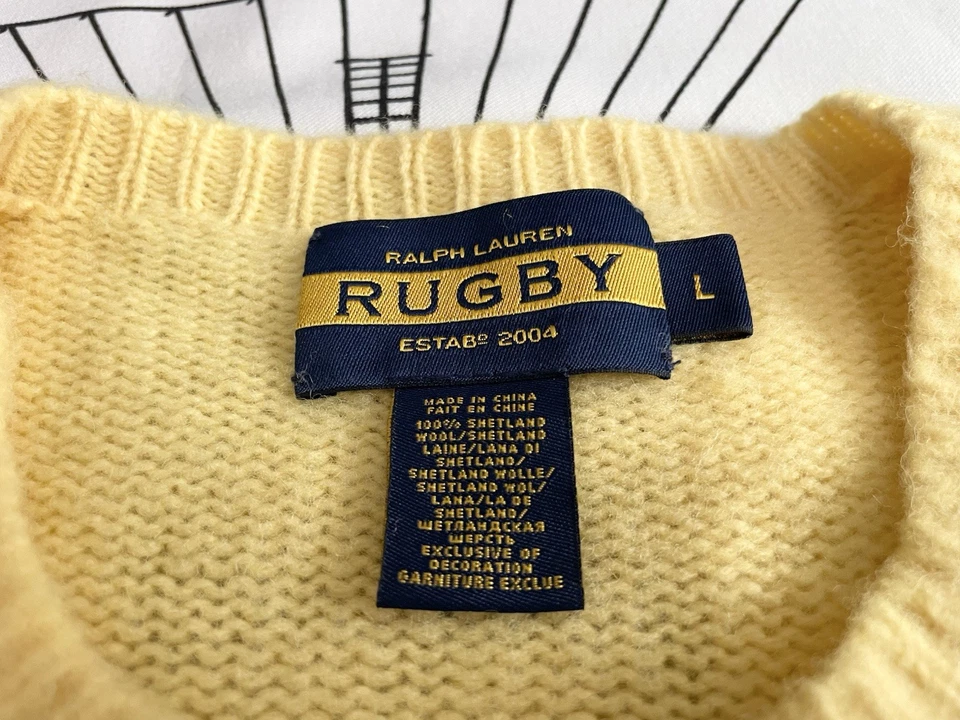 Para Hombres Ralph Lauren Rugby 100% Lana Shetland Suéter Gamuza Codo Parches Amarillo L Foto 4 de 4