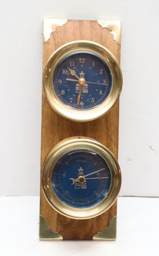 Vintage NAVY BLUE Ships Brass Wall Clock with Barometer ON WOOD Mount Quartz