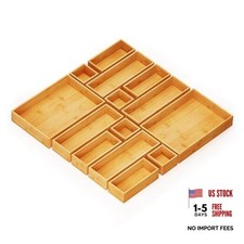 Bamboo Drawer Organizer Storage Boxes Set, Wood Tray Junk 14-Piece Natural