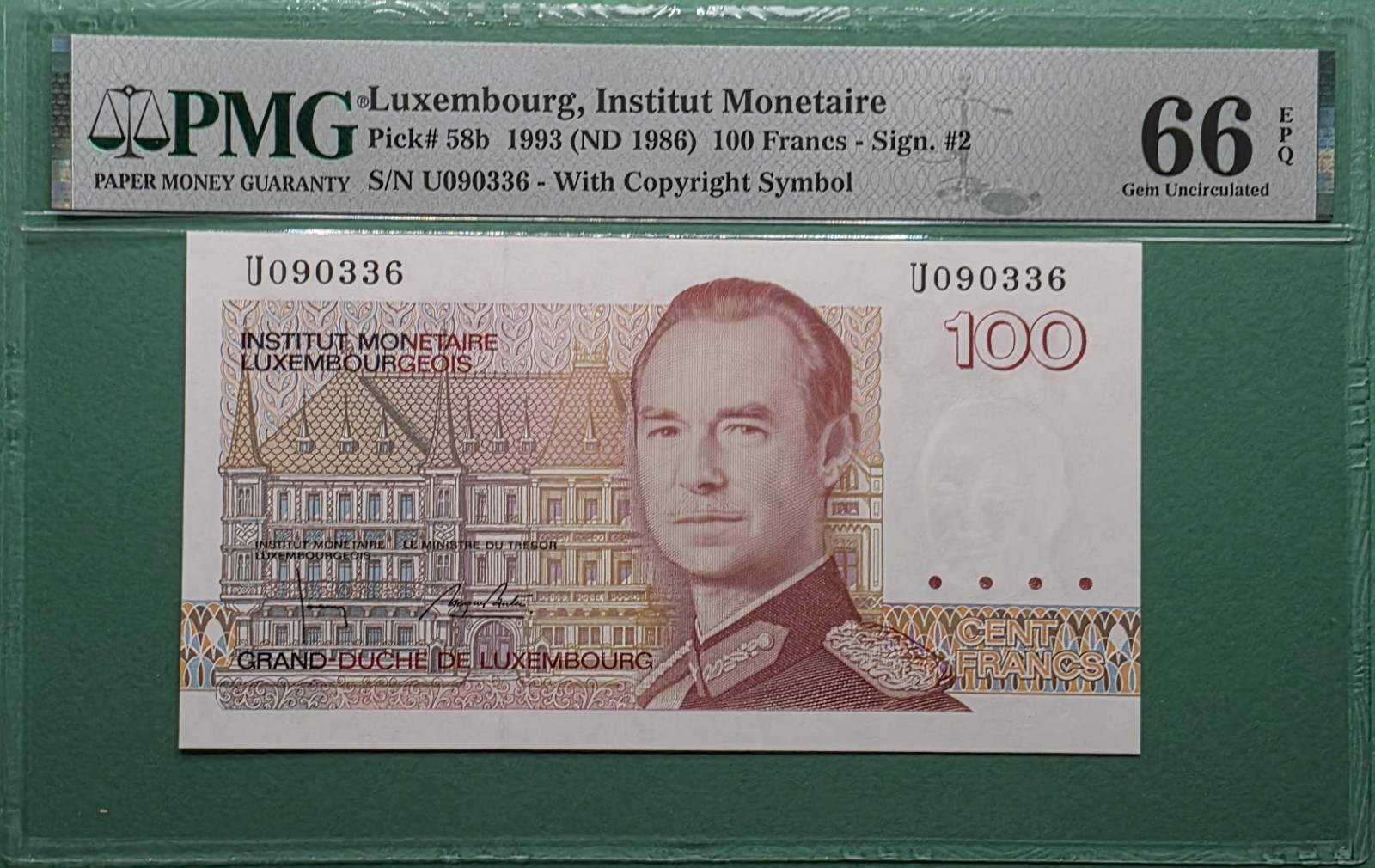 1993(ND 1986) LUXEMBOURG 100 FRANCS P# 58b PMG 66 EPQ GEM UNC