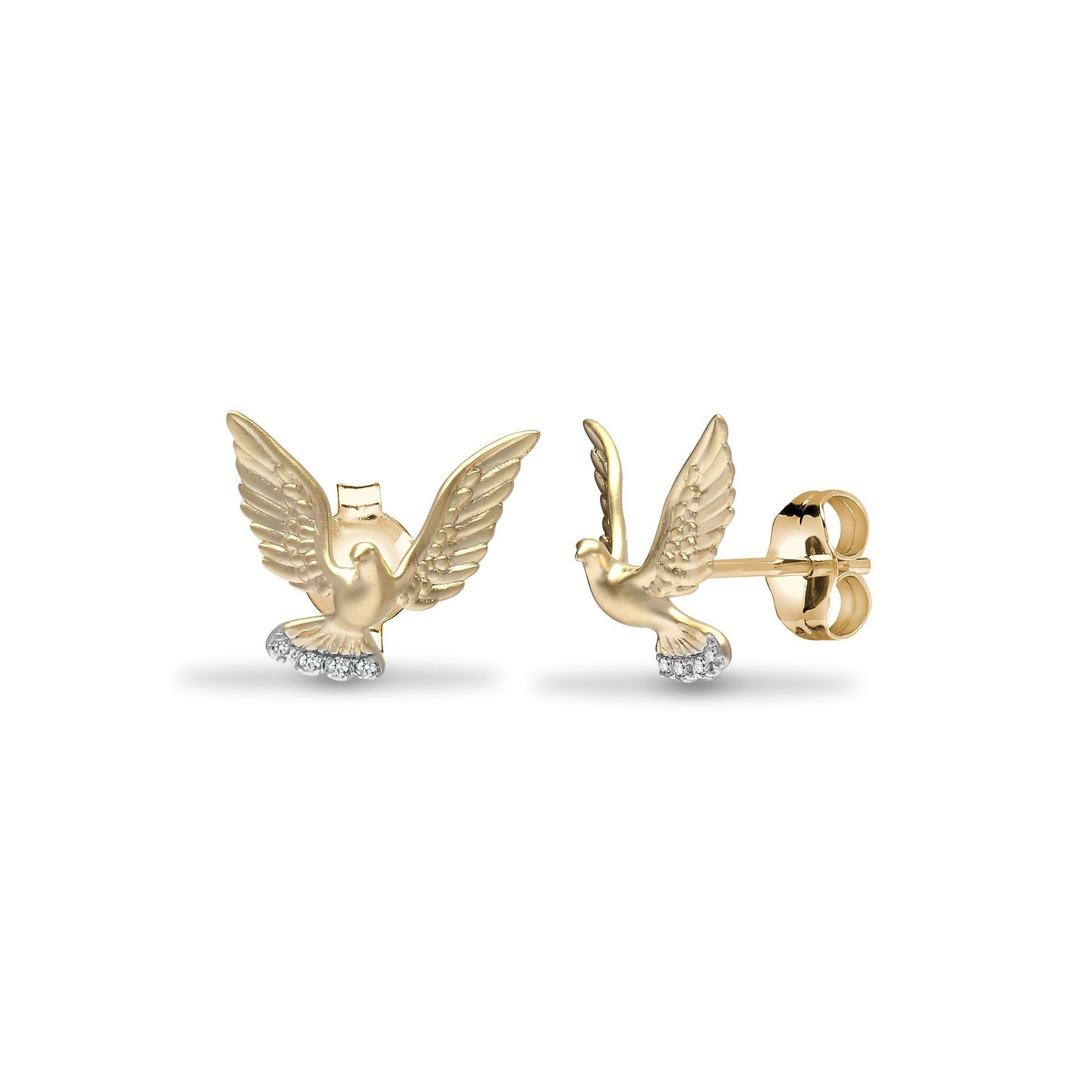 Jewelco London Solid 9Ct Yellow Gold Pave Set Round H I1 0.03Ct Diamond Turtle Dove Stud Earrings - 9E181 - Image 2