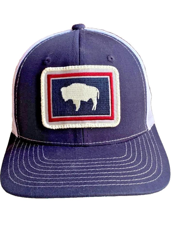 Gorra de camionero azul y blanca con bandera del estado de Wyoming Buffalo. Tapas NV. OSFM. Foto 3 de 4