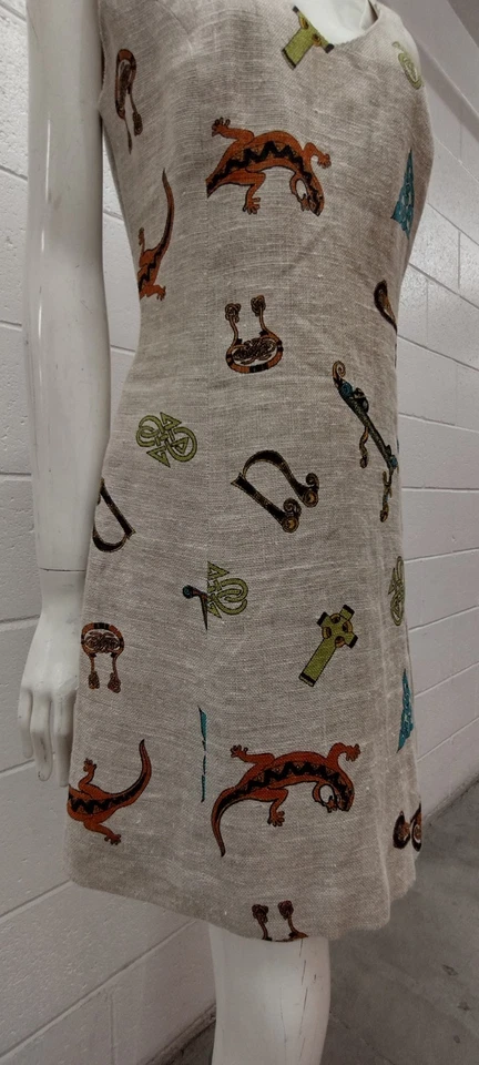 NICOLE MILLER тонкий льняной трапециевидный платье сакральной геометрии искусства ящерица винтажная история - Изображение 4 из 4