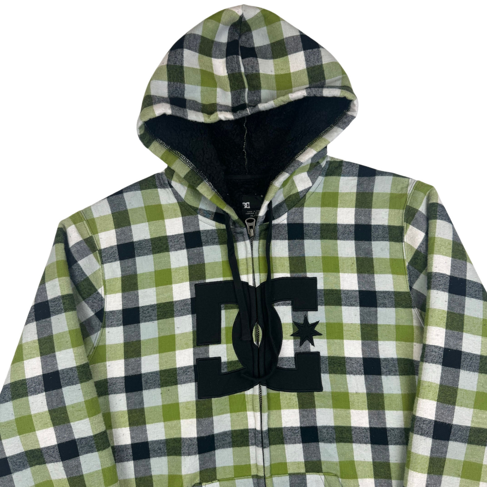 DC Shoes Plaid Checkered Zip-Up Sherpa Lined Hoodie Green Rare Men's Large image 3