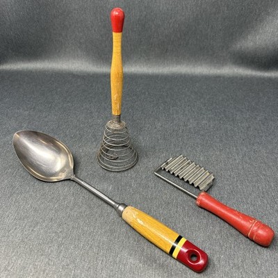 3pc Vintage Kitchen Tool Set EKCO Serving Spoon Whisk Cheese Cutter Wood Handles