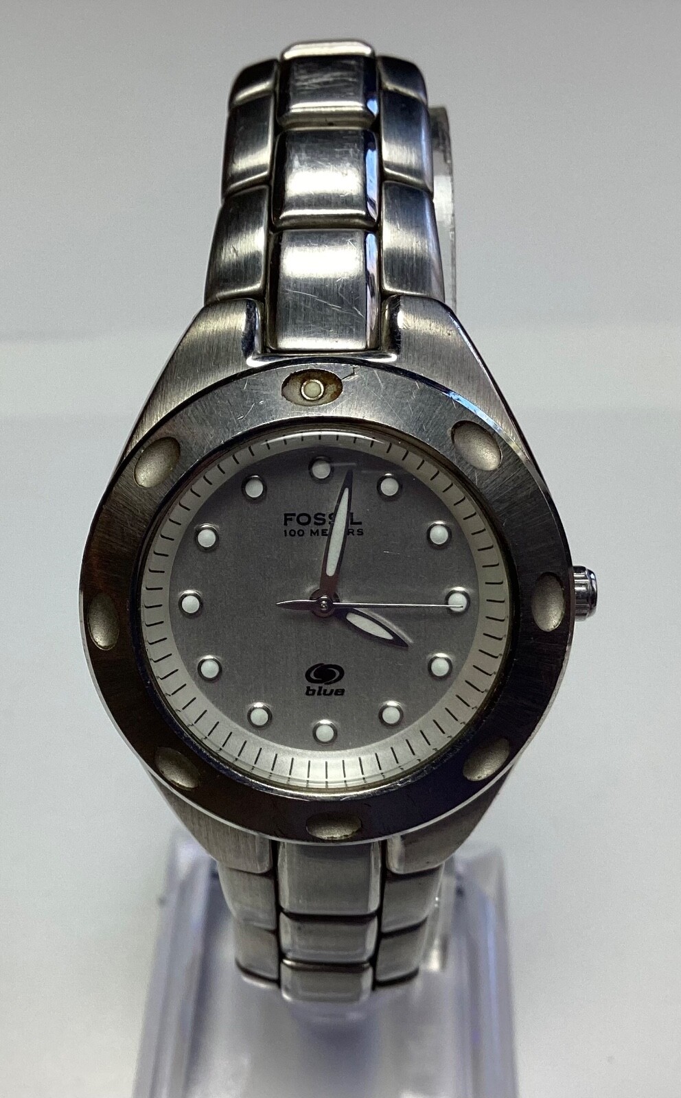 Fossil Blue AM-3301 Silver Tone Women's Watch with Rotating Bezel 100M Water Resistant New Battery