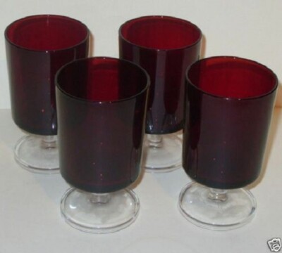 Vintage 70er Jahre Luminarc Durand French Ruby Red Short Set 4 x Sherry Schnapsgläser