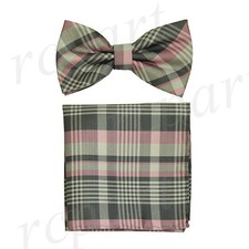 Men Pre-tied Bow Tie hankie set plaids checker gray pink formal prom wedding