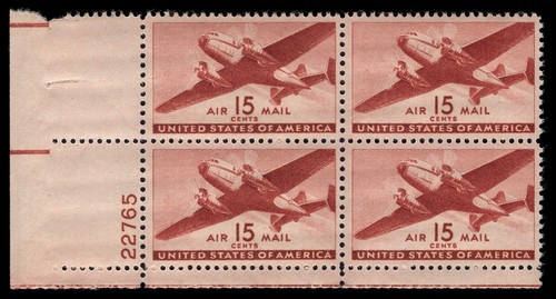 US Scott # C28, Transport Plane, Plate Block of (4) 1941 15¢ Airmail Stamps, MNH