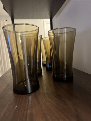 Vintage Anchor Hocking Linden Mocha Tumblers Smokey Brown Glassware Set of 4 - Picture 3 of 13
