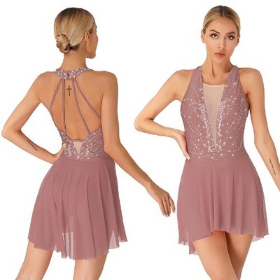 Womens Figure Ice Skating Dress Lyrical Dance Ballet Leotard Tutu Sleeveless