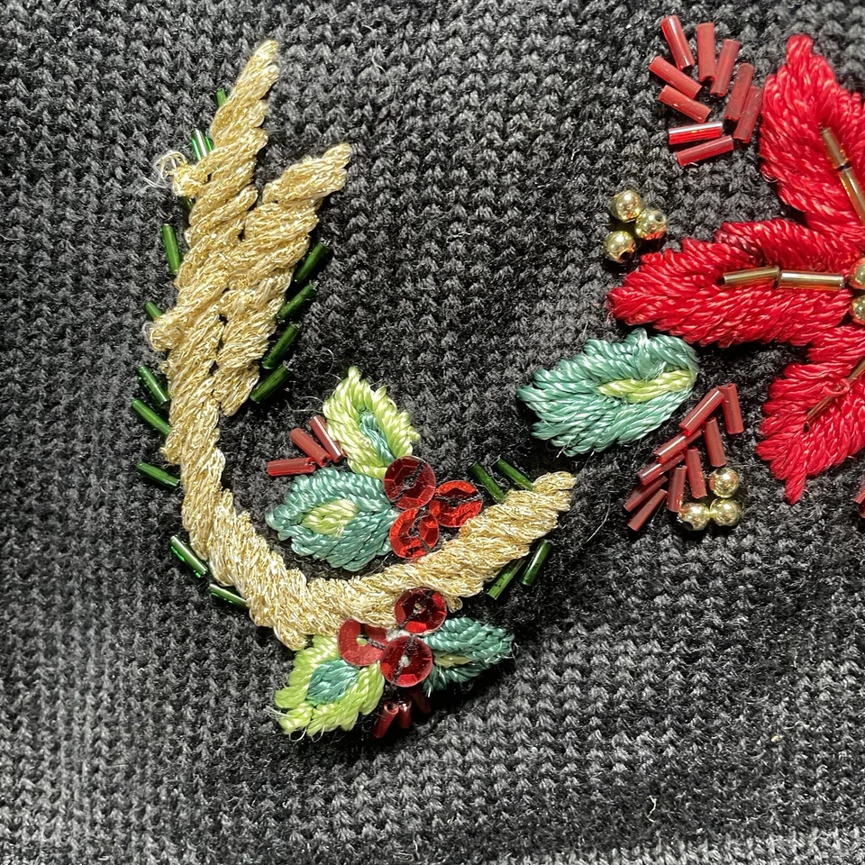 Theme Works by Kikit Christmas Black Turtleneck Sequin Red Poinsettias Size PL - Image 4 of 4