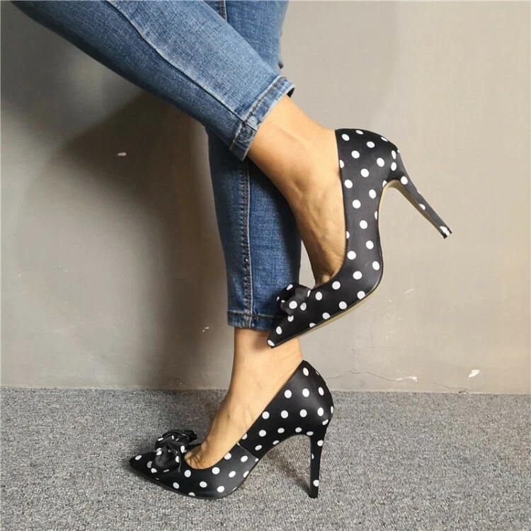 Fashion Women s Polka Dot Bow Stiletto High Heels Pointed Pumps