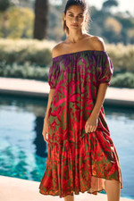Farm Rio Off Shoulder Dress Coverup Anthropologie Tropical Birds Tiered Sz S NEW