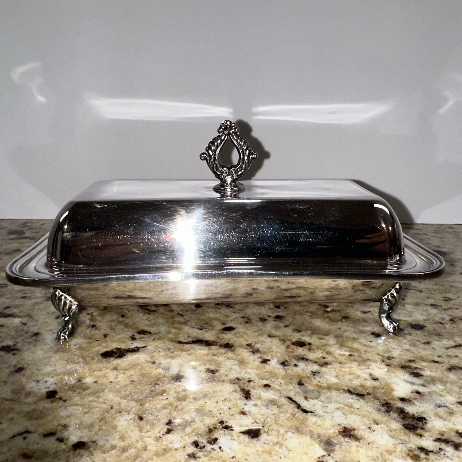Vintage Footed Silverplate Butter Dish with Glass Insert 7x4