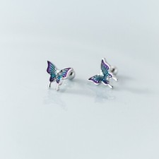 925 Sterling Silver Cute Purple Blue Butterfly Stud Earrings Screw Backs