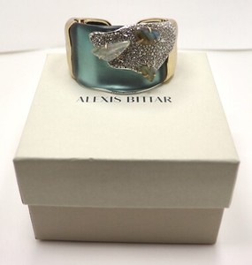 Authentic ALEXIS BITTAR TEAL LUCITE GOLD PLATED PAVE CRYSTAL W/ STONES CUFF BRACELET BOXED