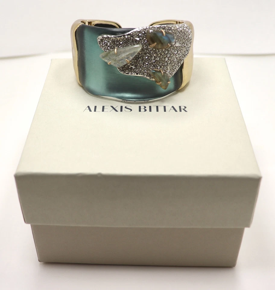 ALEXIS BITTAR TEAL LUCITE GOLD PLATED PAVE CRYSTAL W/ STONES CUFF BRACELET BOXED