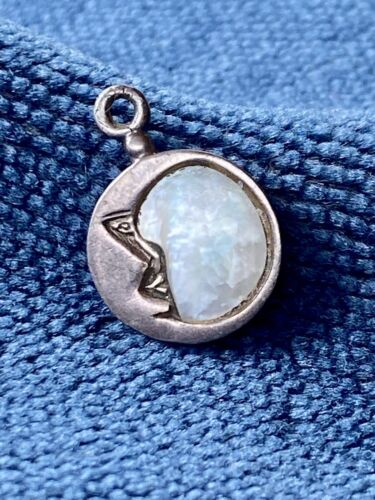 Vintage Moon Pendant Sterling Silver Iridescent Mother Of Pearl Jewelry Mark 925