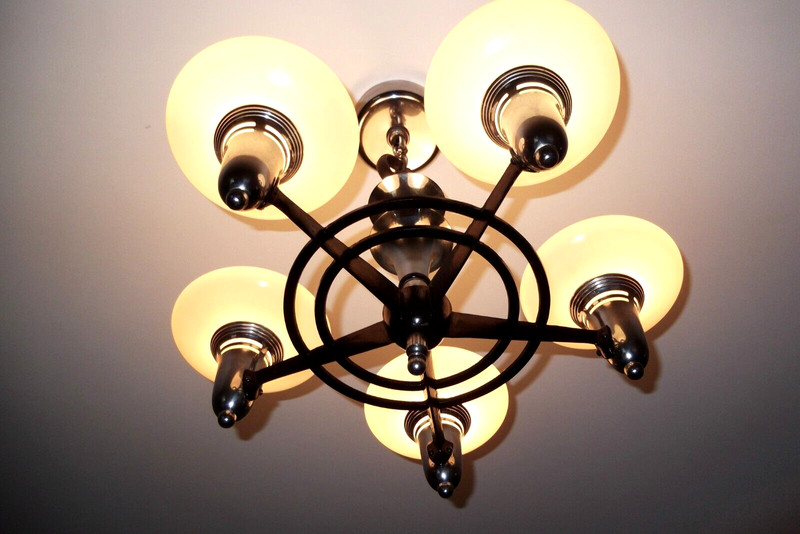 5 BULB ART DECO CEILING FIXTURE - WROUGHT IRON - STEEL - BEIGE GLASS - 30s MINT