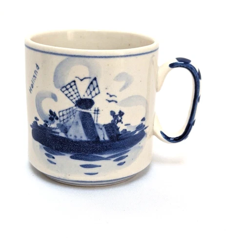Vtg Delft Coffee Cup Holland Hand Painted Windmill Floral Tea Mug Blue White
