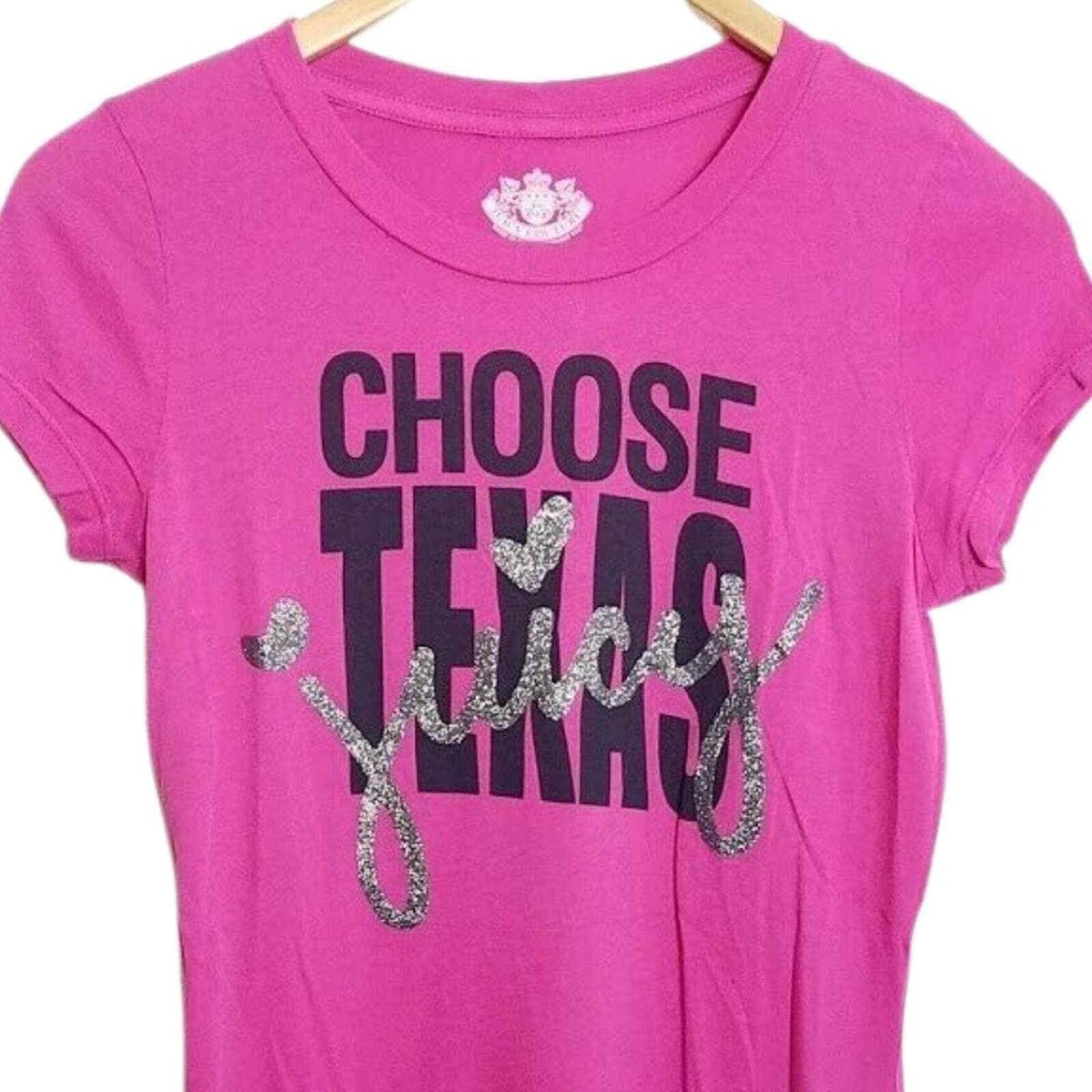 Juicy Couture Top Choose Texas Pink Silver Glitter Y2K Small