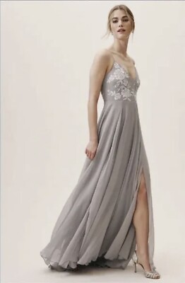 New BHLDN Anthropologie Sadia Light Gray Floral Embroidered Maxi Dress Size  0 | eBay