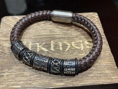 Bracelet Viking Ragnar En Cuir Marron Avec Ornements Acier - Neuf Avec Boîte Et Pochette Cadeau